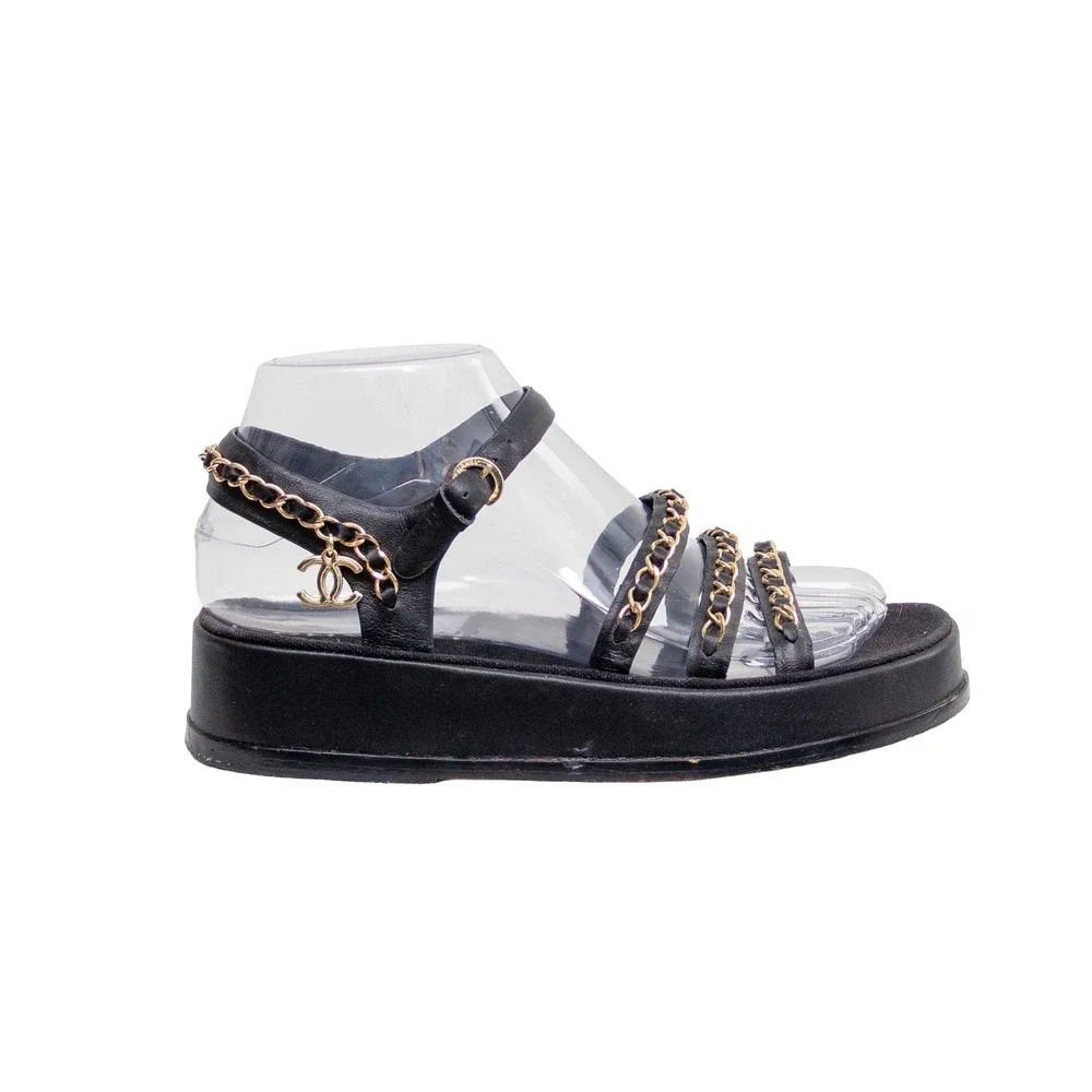 Chanel Black Leather Chain Link Platform Sandals CC Logo G37140 Size 36C